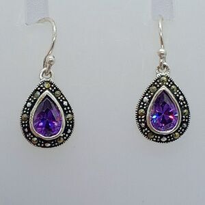 Sterling Silver Marcasite 1" Earrings Pear Shape Purple Amethyst Glass Marked